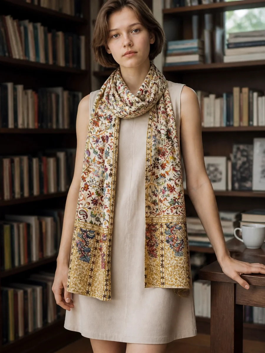 La Estola Jamawar Heritage en Blanco Roto con Flores Multicolores