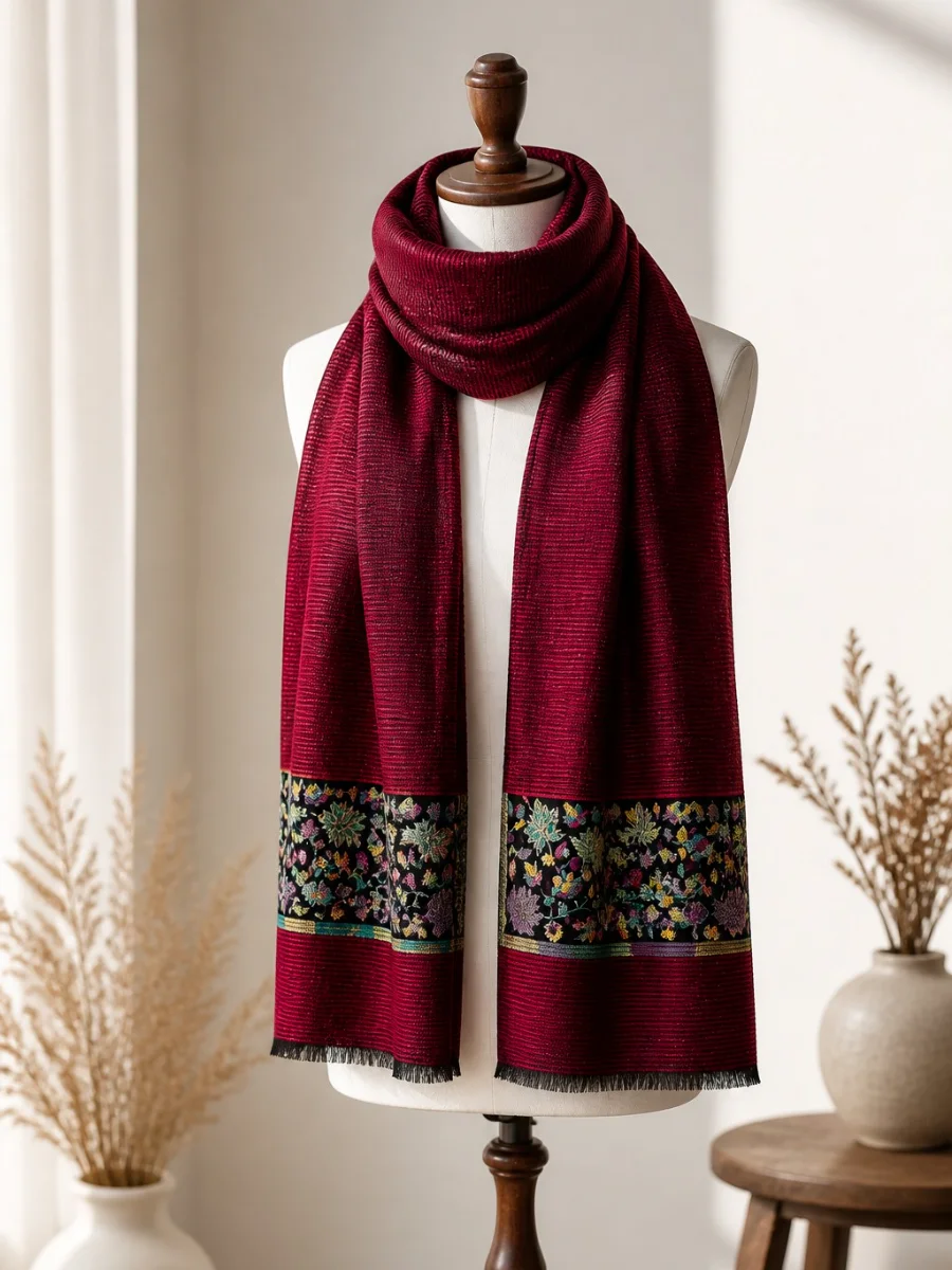 Crimson Maroon Texturado con Floral Paisley Border (3)