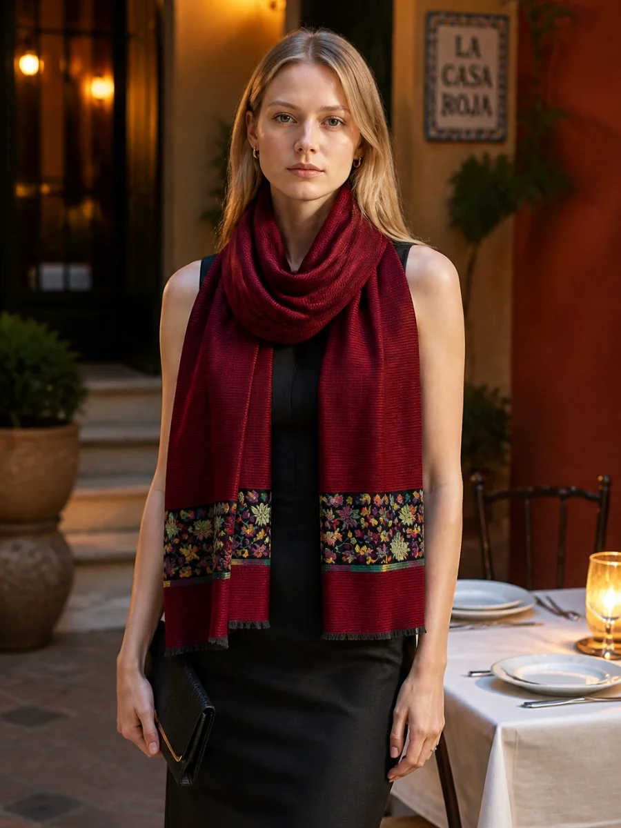 Crimson Maroon Texturado con Floral Paisley Border (5)