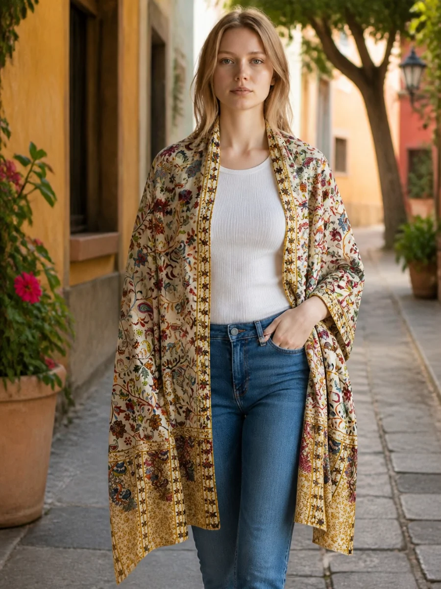 La Estola Jamawar Heritage en Blanco Roto con Flores Multicolores (2)
