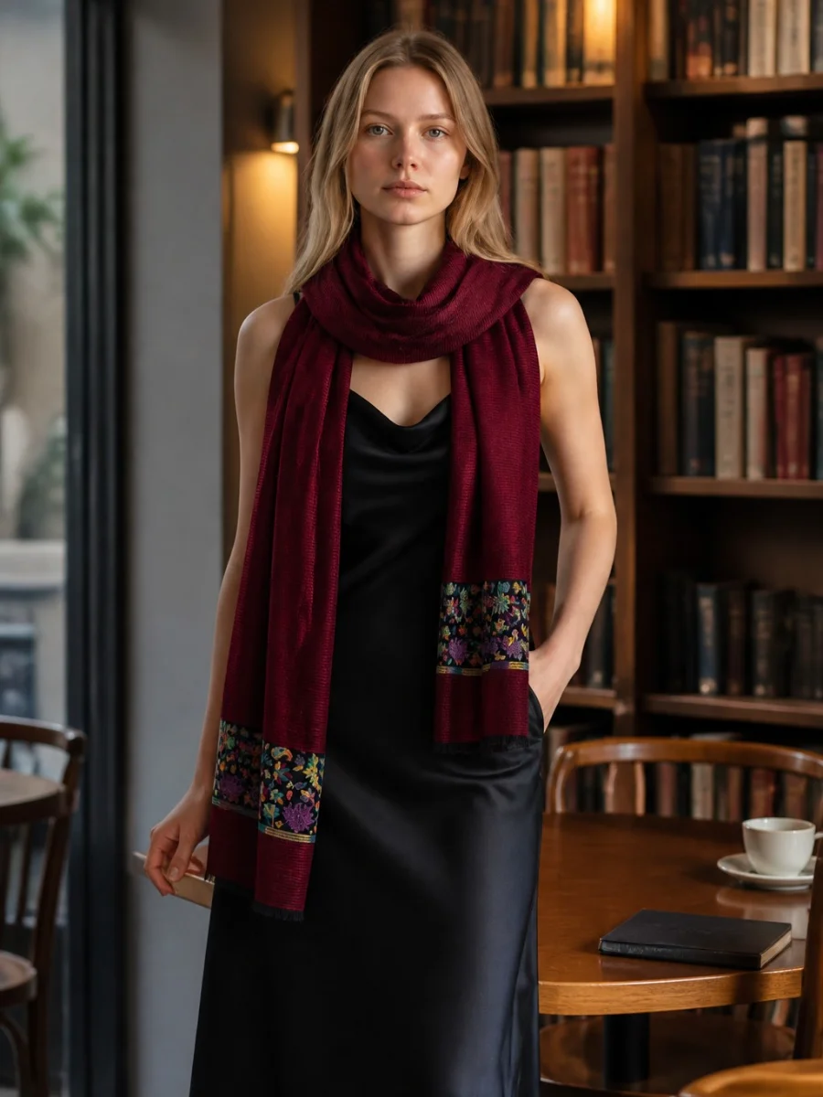 Crimson Maroon Texturado con Floral Paisley Border (2)