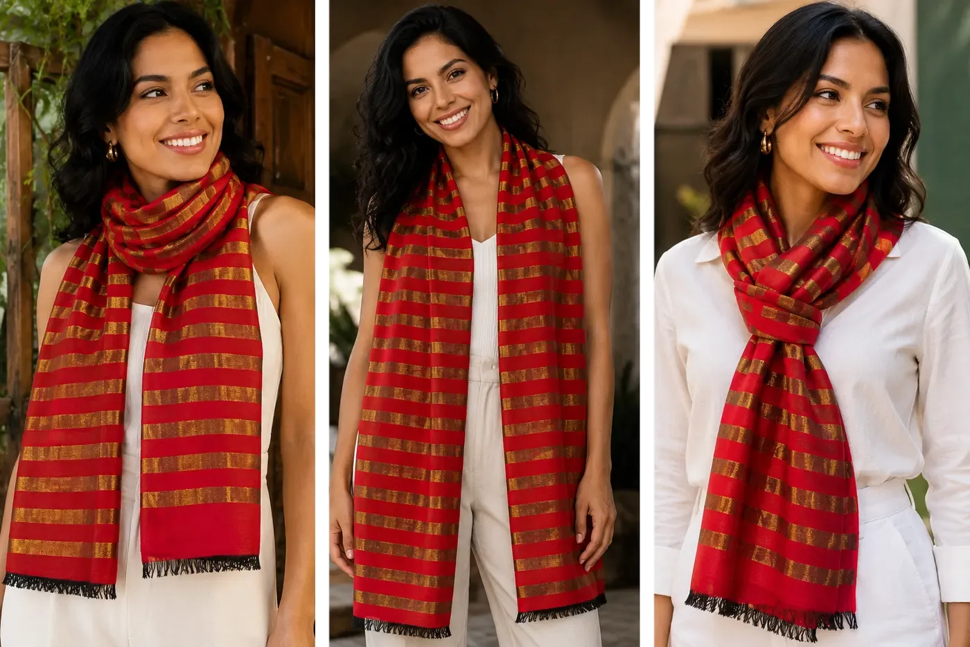 One red-and-gold stole worn three ways: wrapped at the neck, open over the shoulders and knotted