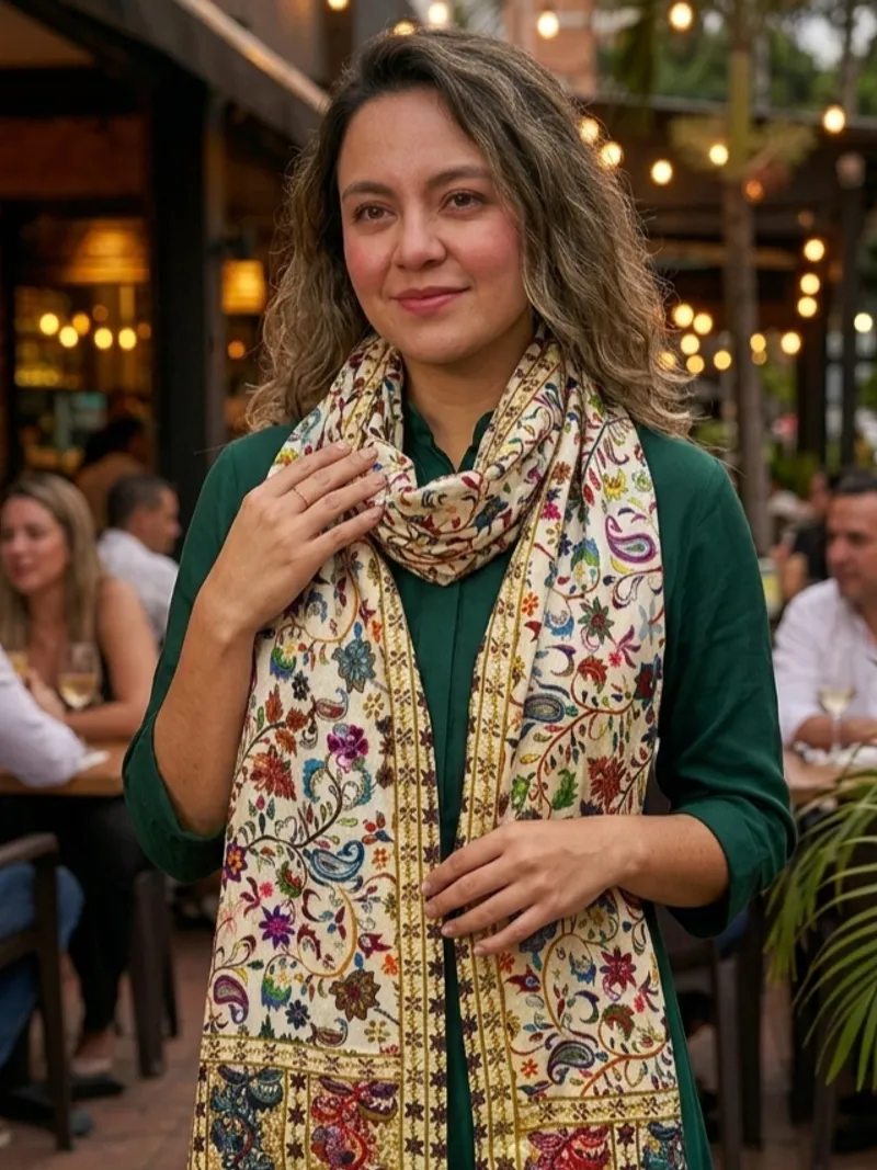 A floral stole folded lengthways and looped behind the neck, ends threaded through