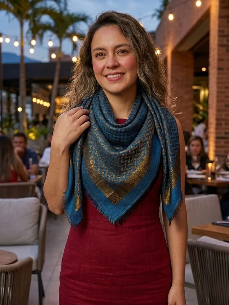 A blue-and-gold stole folded to a triangle, the point on the chest