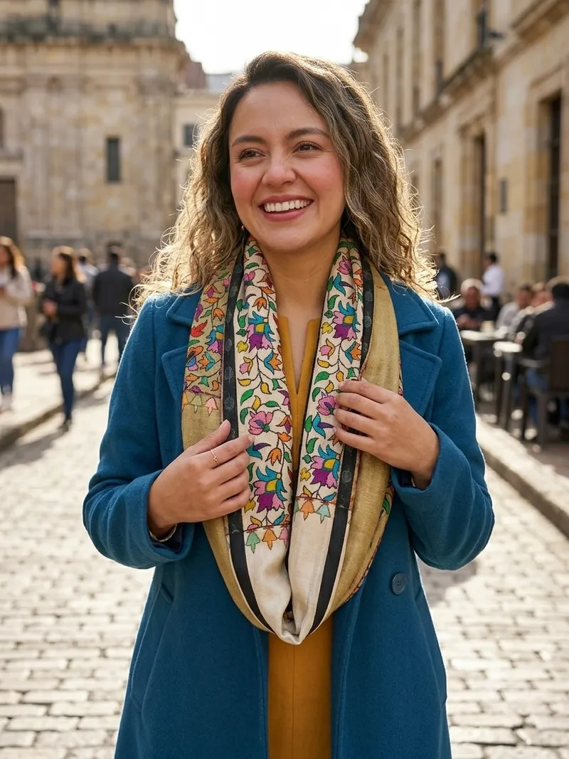 A floral stole worn close to the body as a layer, under a blue coat