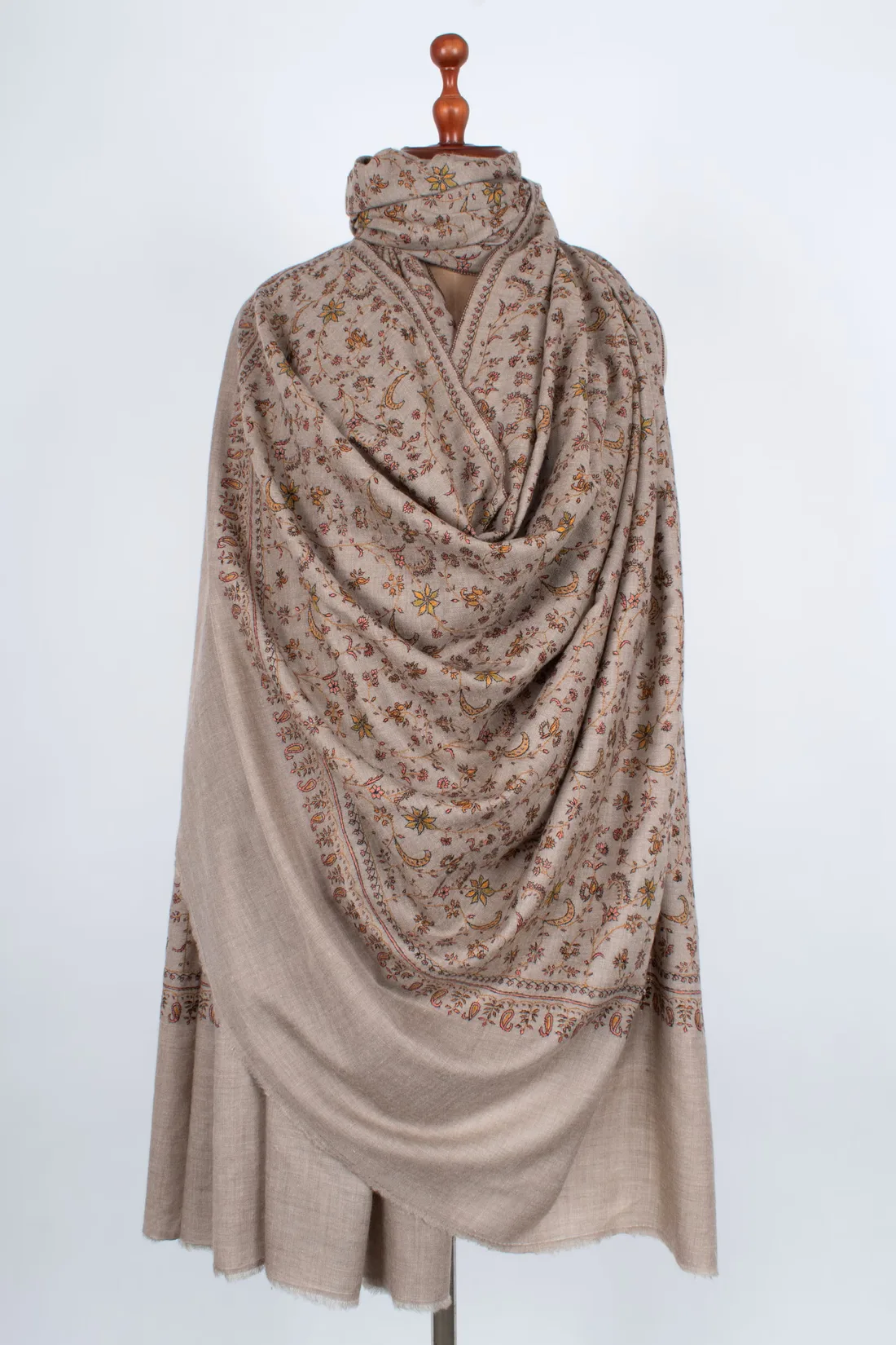 Kashmiri Embroidered Pashmina — Almond
